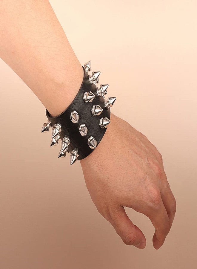 FIRAZIO 2 Pieces Punk Studded Bracelet Black Leather Rivet Bracelet Cuff Wrap Bangle for Women Men Snap Button Goth Rock Wristband Bracelet Unisex for Halloween Party Favors Accessories - Image 5